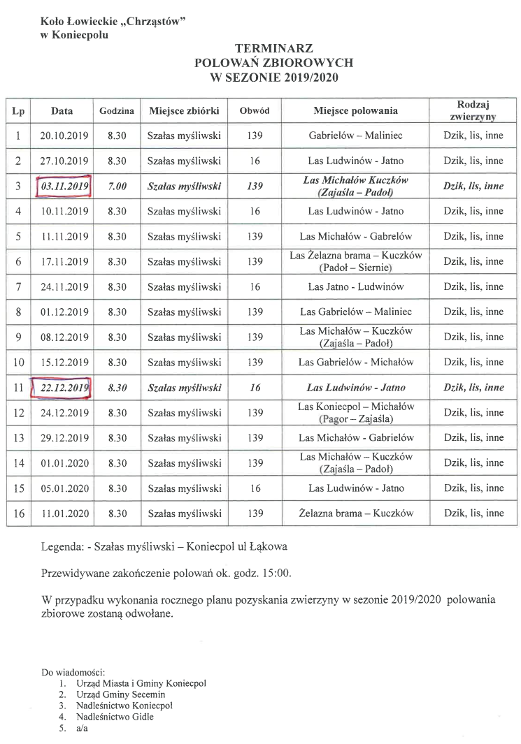terminarz polowan 19102019